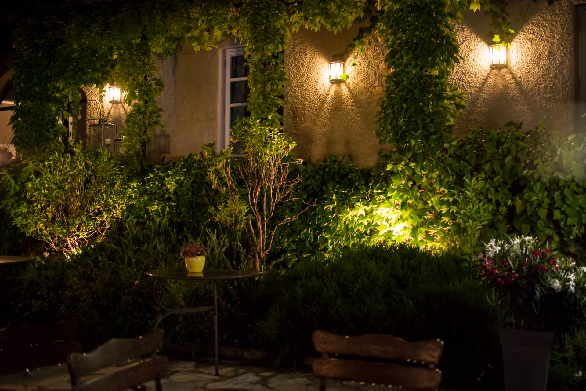 Outdoor electrical lighting installation in garden